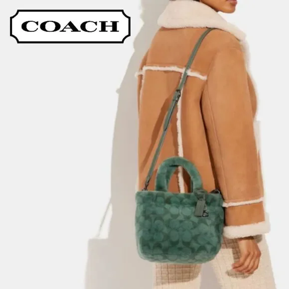RETAIL Coach Signature Genuine Shearling Tote 22 in Green/Pewter - Picture 7 of 14